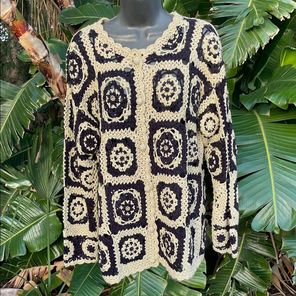 Gold and black beaded, granny square crochet cardigan